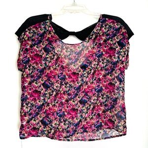 Material Girl Madonna Sheer Pink Purple Blue Floral Blouse Top Black Bow Preppy